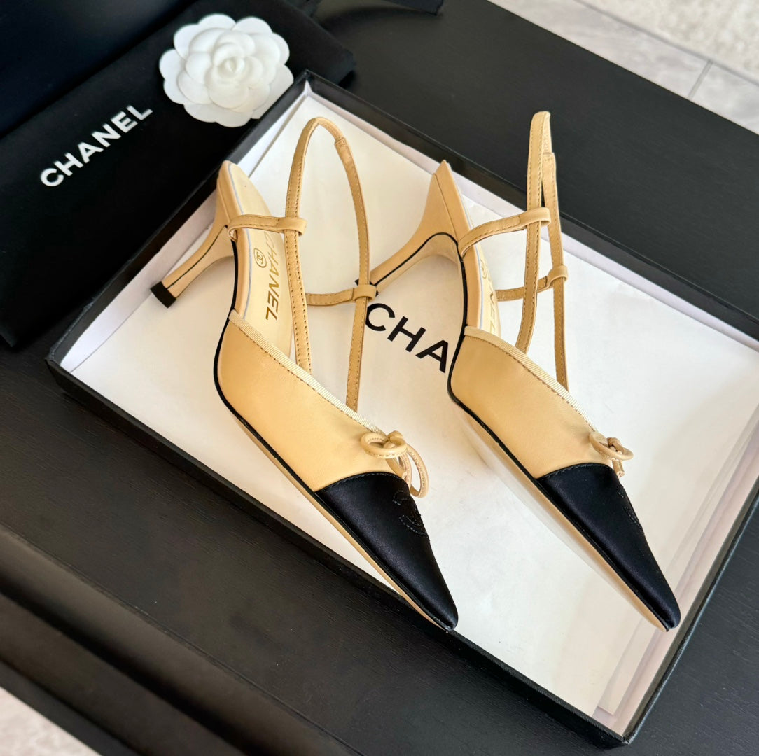 cc slingbacks 65 bow beige lambskin black grosgrain