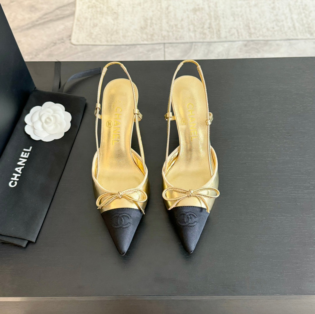 cc slingbacks 65 bow gold metalic lambskin black grosgrain