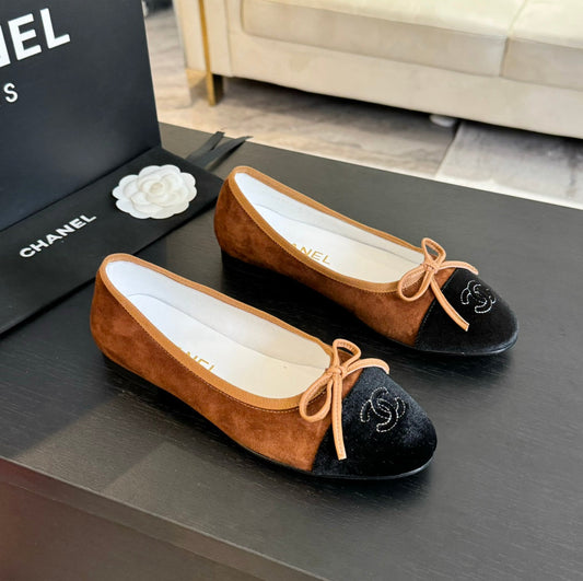 ballet flat dark brown suede black canvas