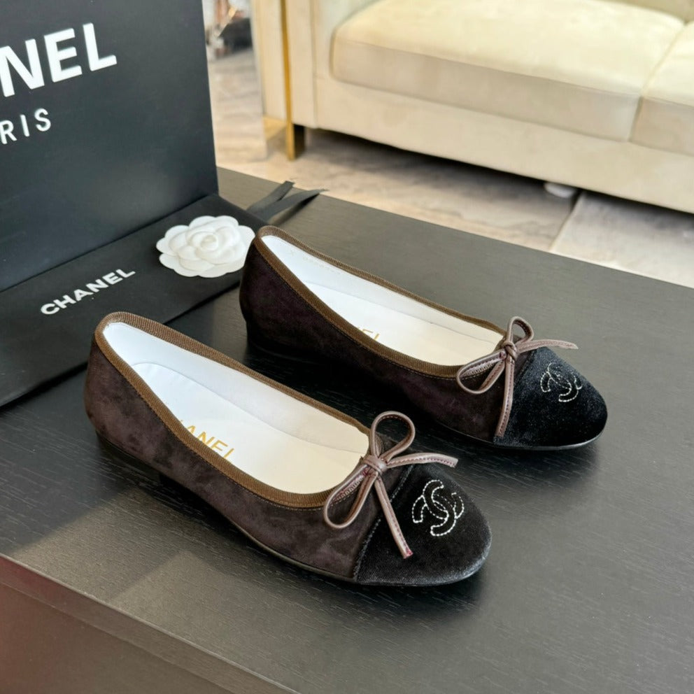 ballet flat chocolate suede and black canvas