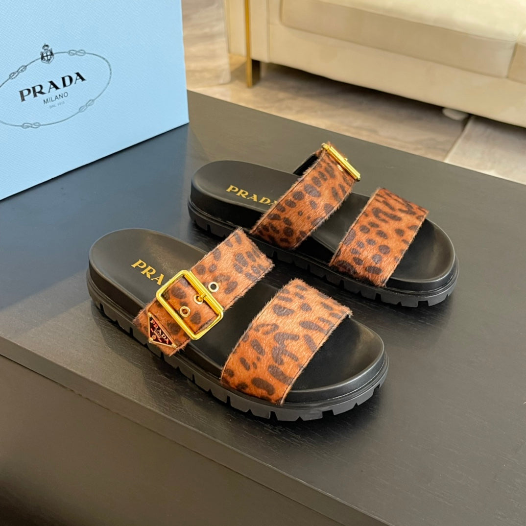 PRA SLIDES SANDALS BLACK AND LEOPARD MOTIF VELVET