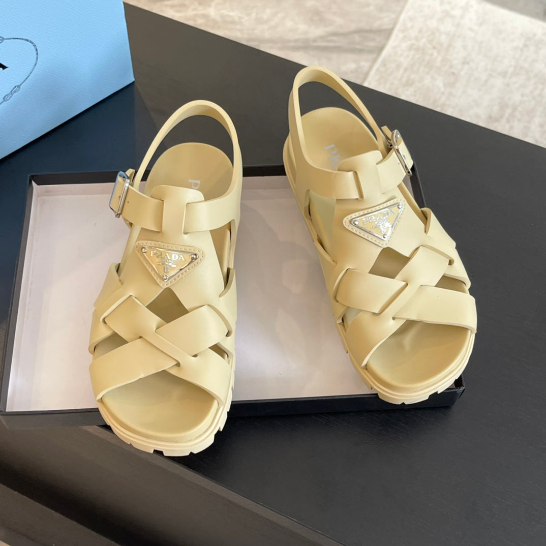 PRA CRISSCROSS RUBBER SANDALS CREAM CALFSKIN