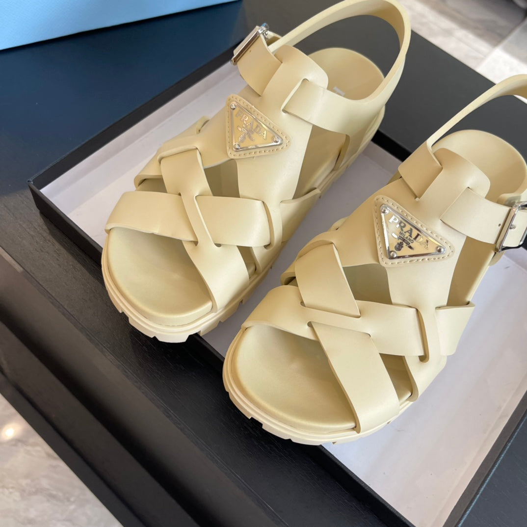 PRA CRISSCROSS RUBBER SANDALS CREAM CALFSKIN