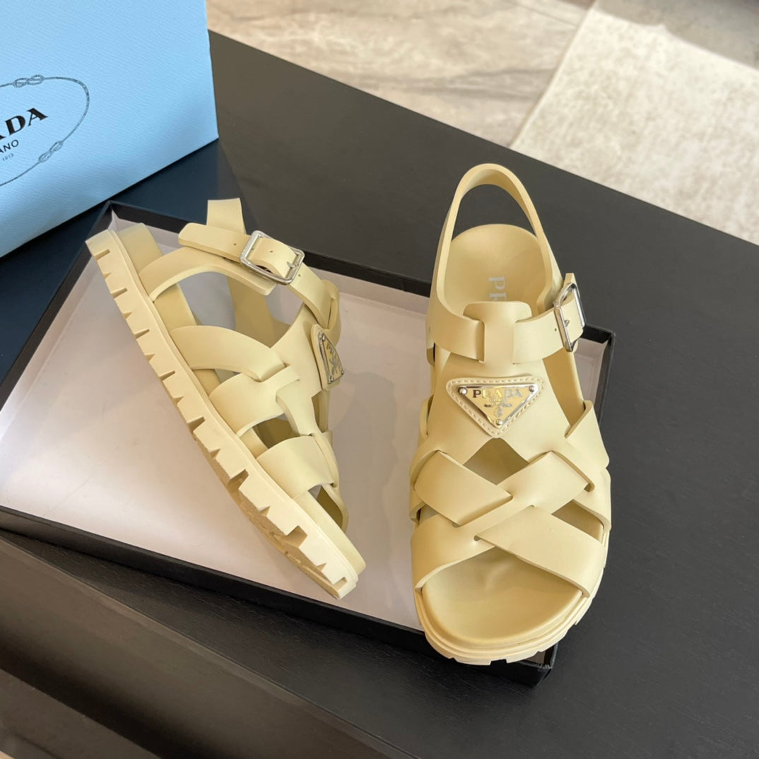 PRA CRISSCROSS RUBBER SANDALS CREAM CALFSKIN