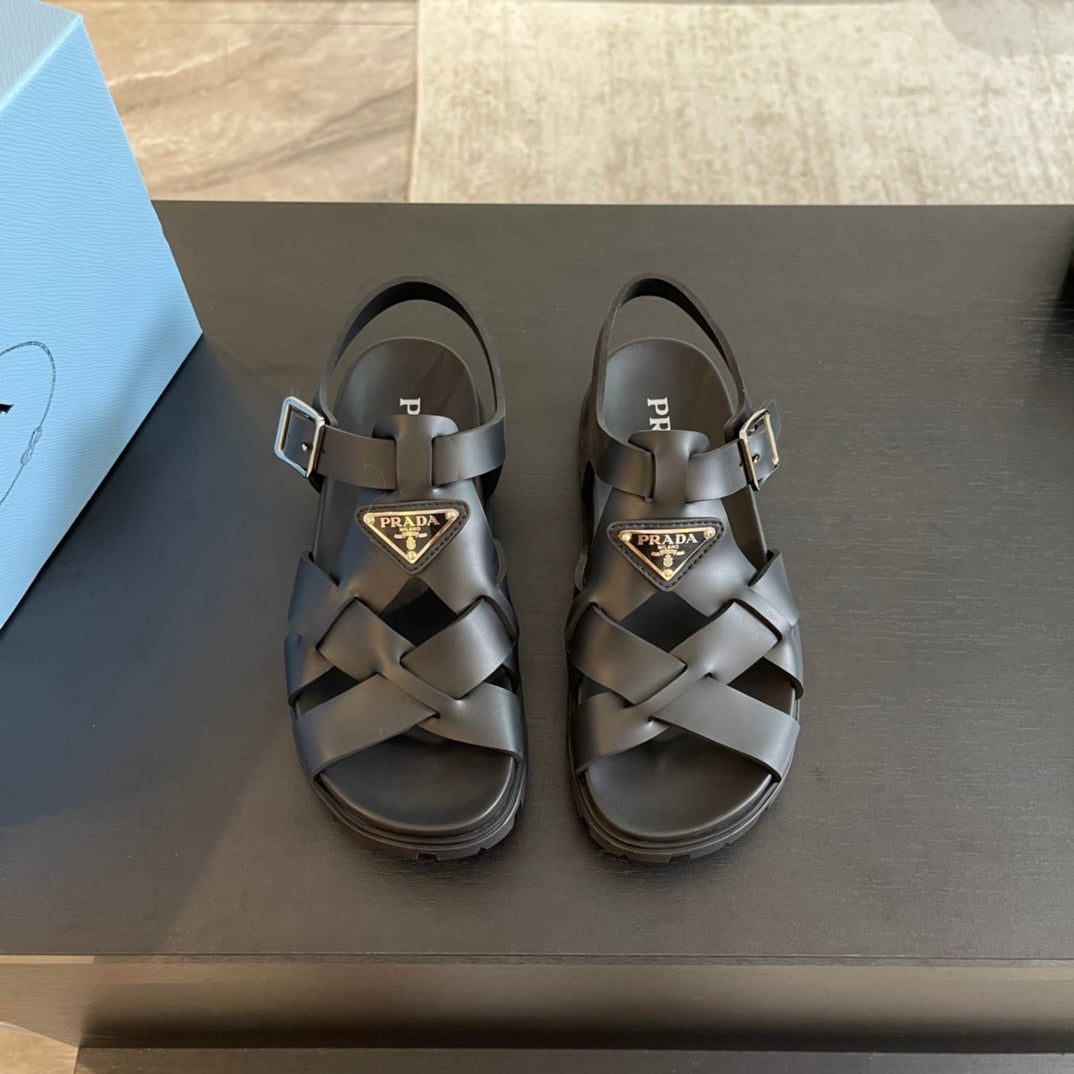 PRA CRISSCROSS RUBBER SANDALS BLACK CALFSKIN