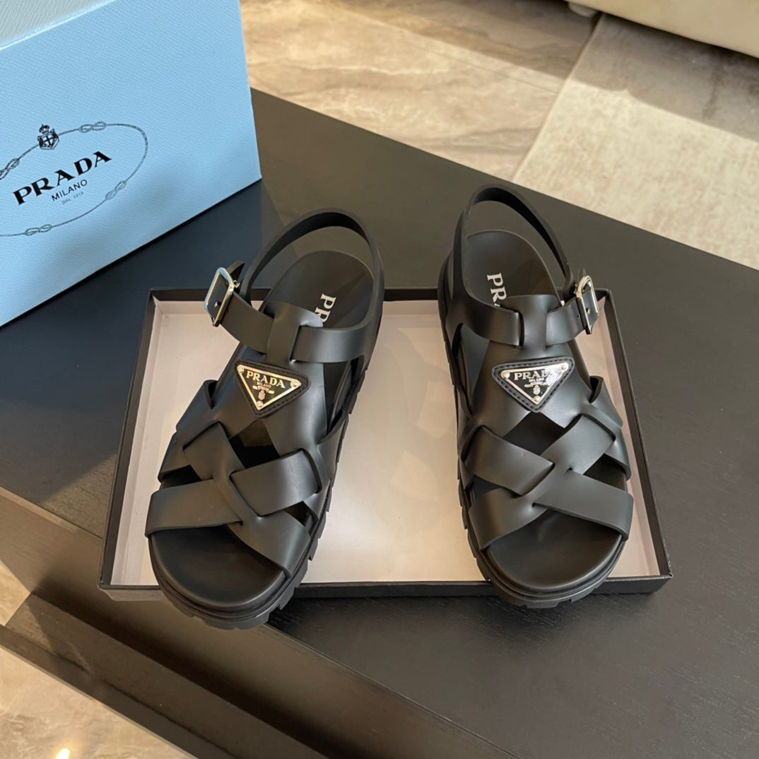 PRA CRISSCROSS RUBBER SANDALS BLACK CALFSKIN