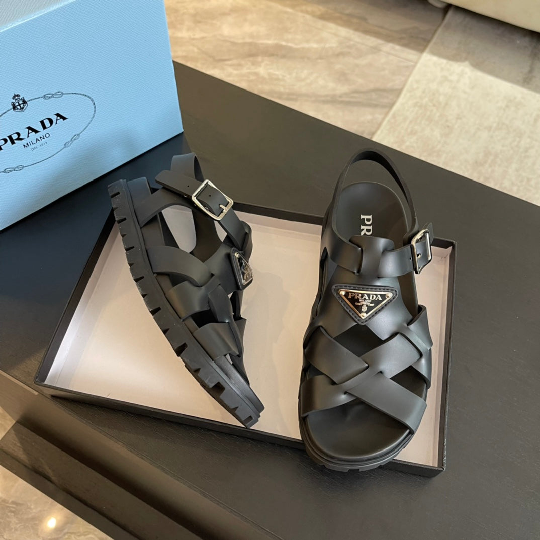 PRA CRISSCROSS RUBBER SANDALS BLACK CALFSKIN