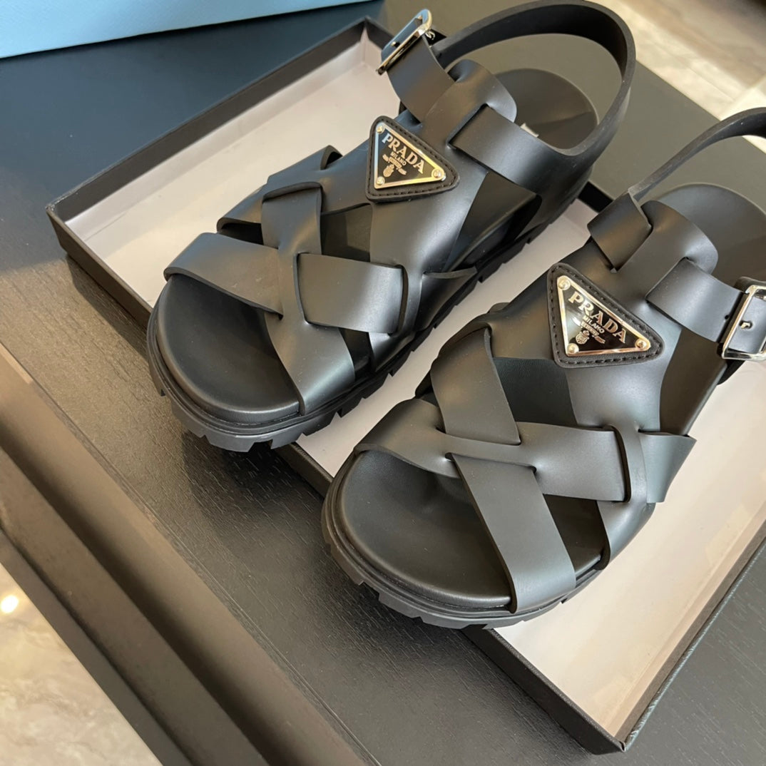 PRA CRISSCROSS RUBBER SANDALS BLACK CALFSKIN