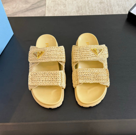 PRA RAFFIA CORK SLIDE PASTEL YELLOW CALFSKIN