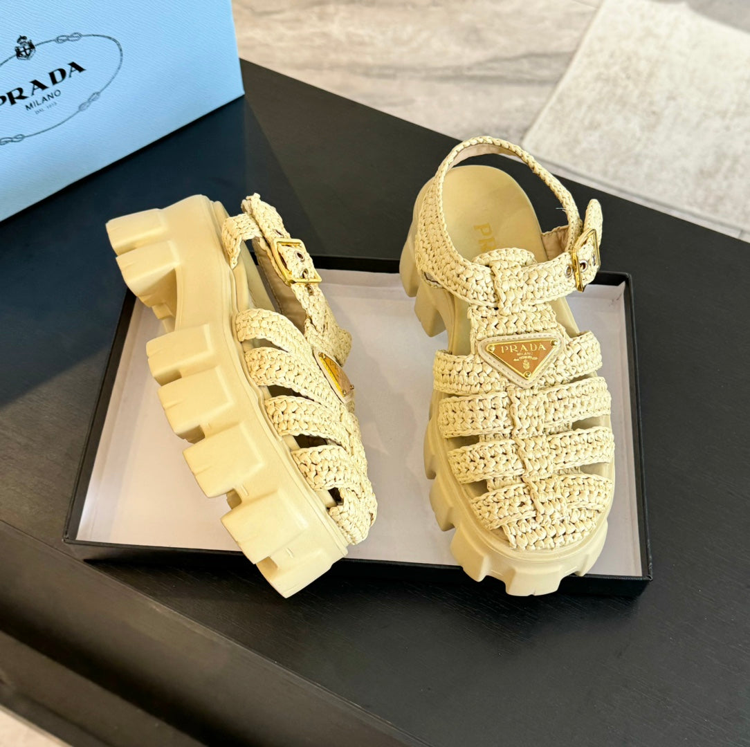 PRA MONOLITH CROCHET CAGE SANDALS PASTEL YELLOW LAMBSKIN