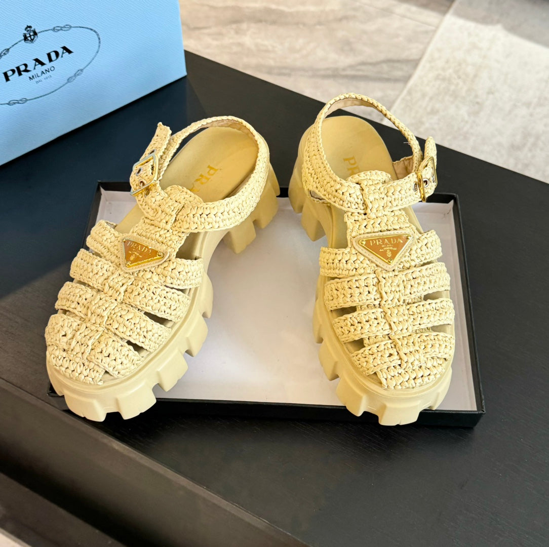 PRA MONOLITH CROCHET CAGE SANDALS PASTEL YELLOW LAMBSKIN