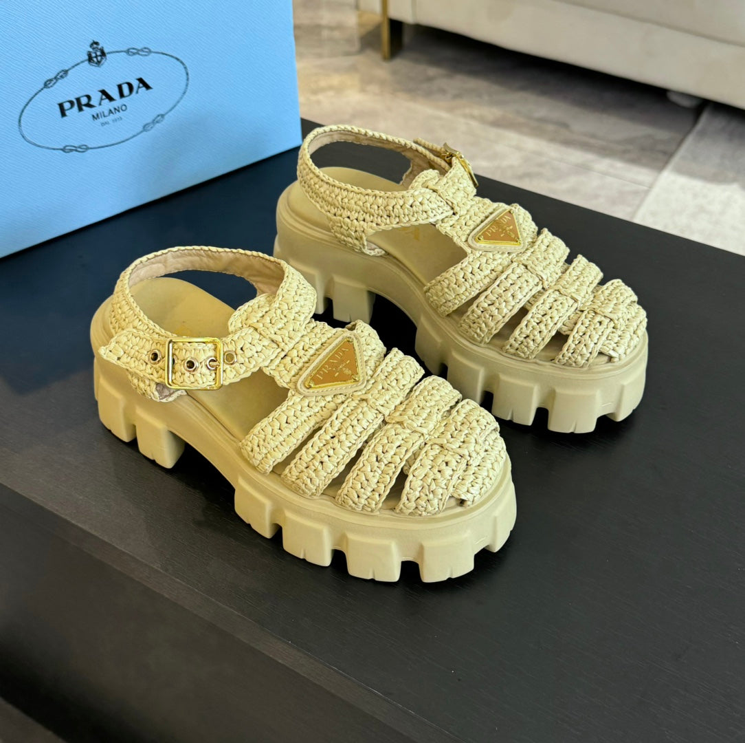 PRA MONOLITH CROCHET CAGE SANDALS PASTEL YELLOW LAMBSKIN