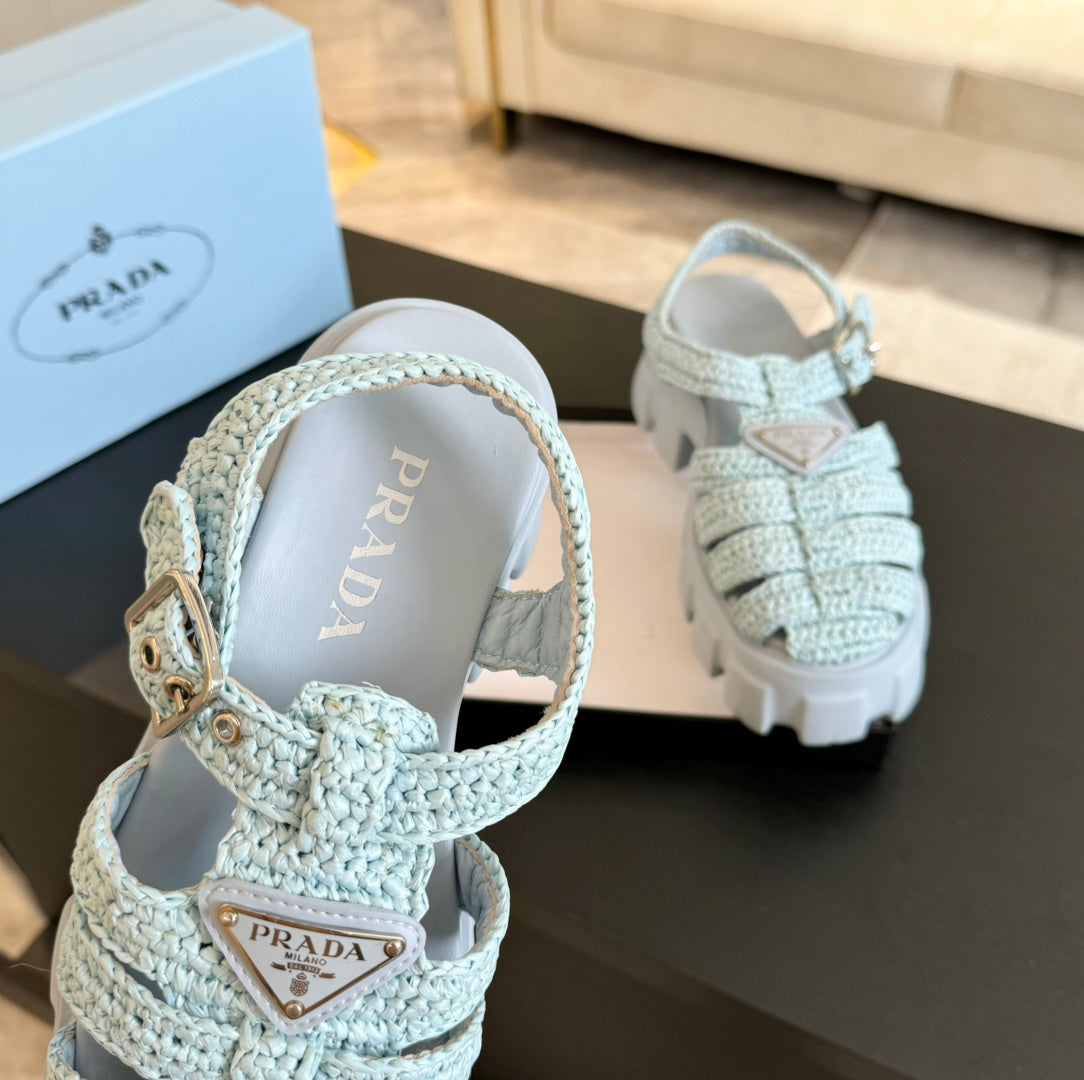 PRA MONOLITH CROCHET CAGE SANDALS PASTEL BLUE LAMBSKIN