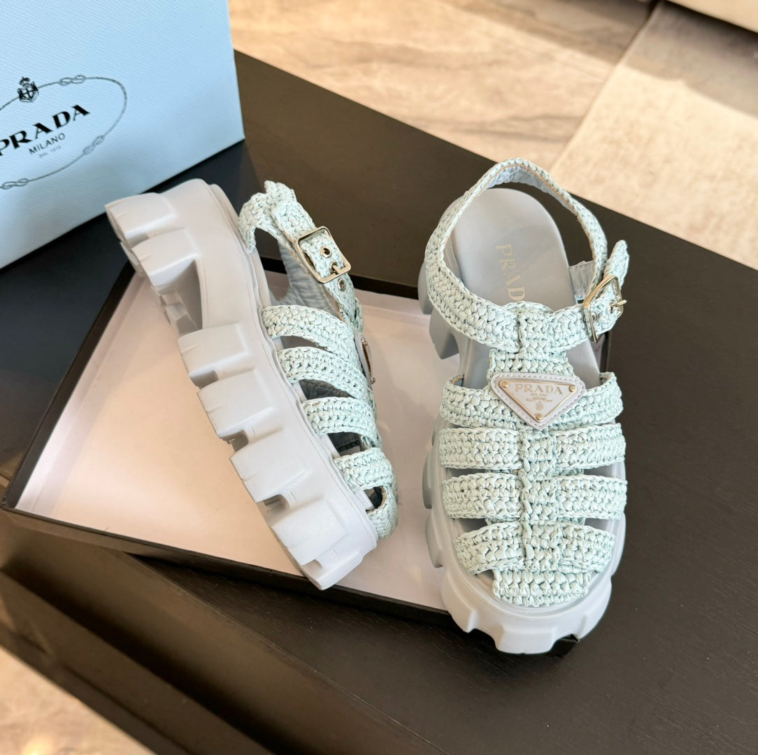 PRA MONOLITH CROCHET CAGE SANDALS PASTEL BLUE LAMBSKIN