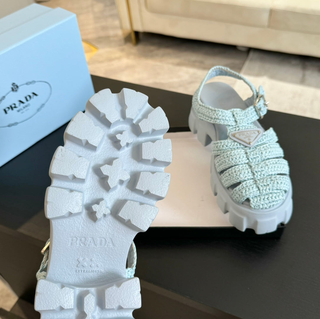 PRA MONOLITH CROCHET CAGE SANDALS PASTEL BLUE LAMBSKIN