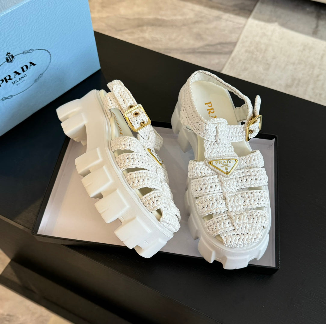 PRA MONOLITH CROCHET CAGE SANDALS WHITE LAMBSKIN