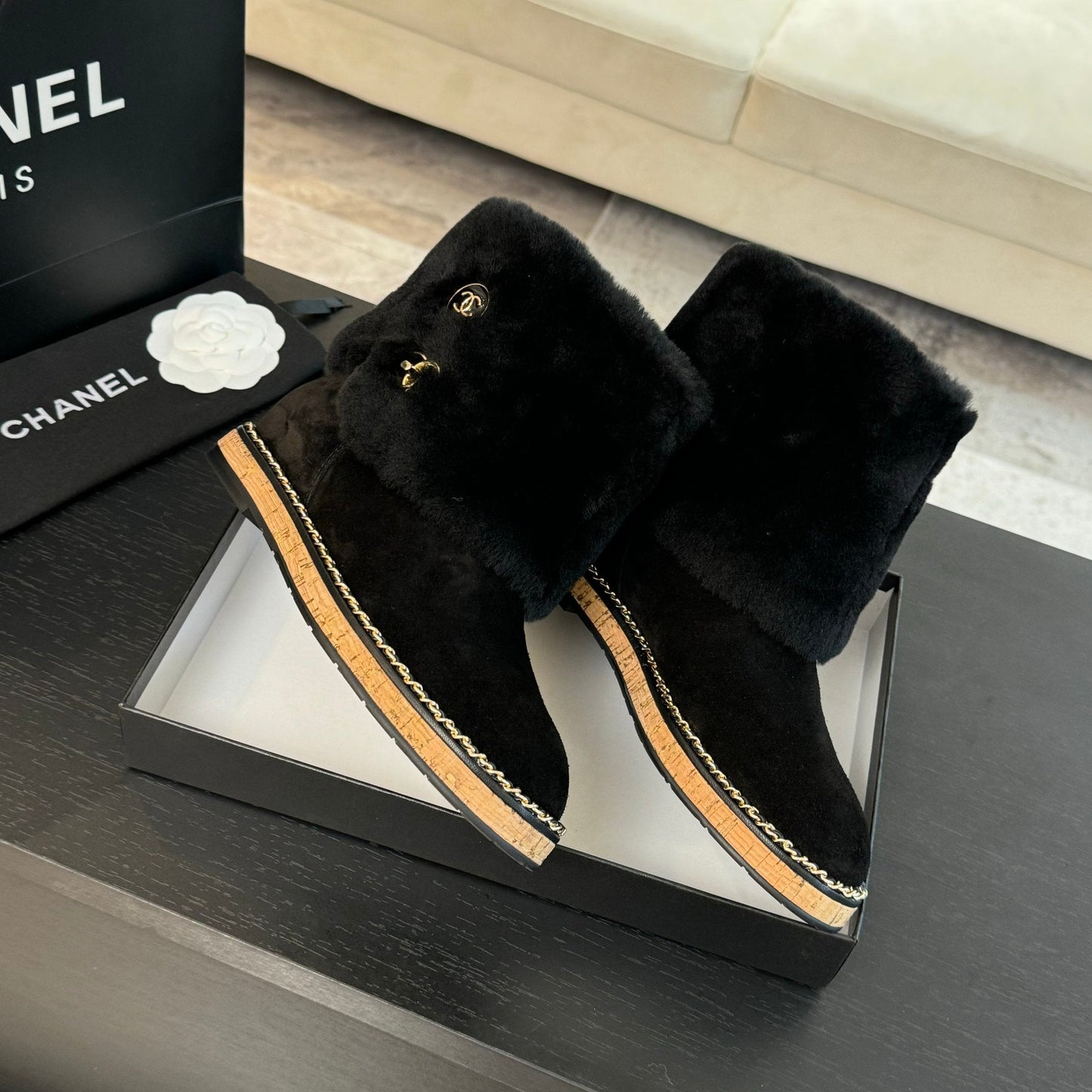 CC Flat Ankle Boots Black Suede And Fleece