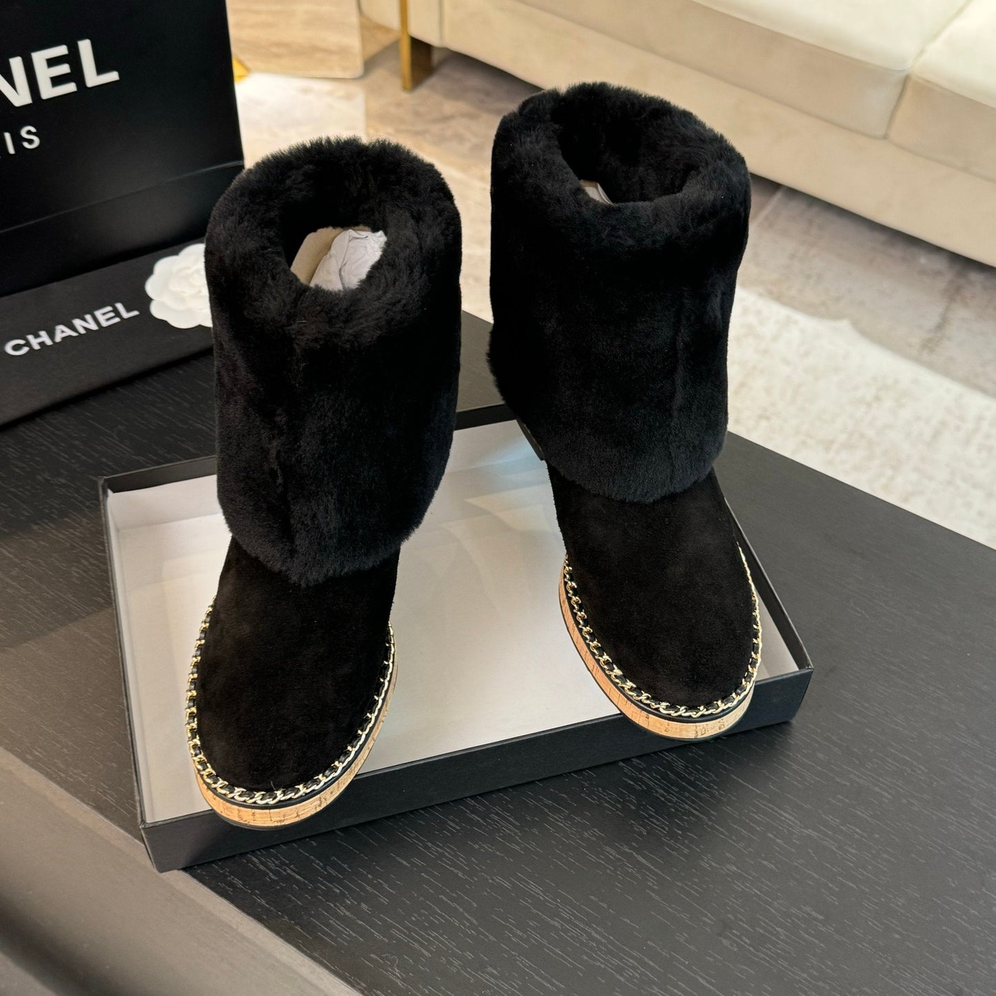 CC Flat Ankle Boots Black Suede And Fleece