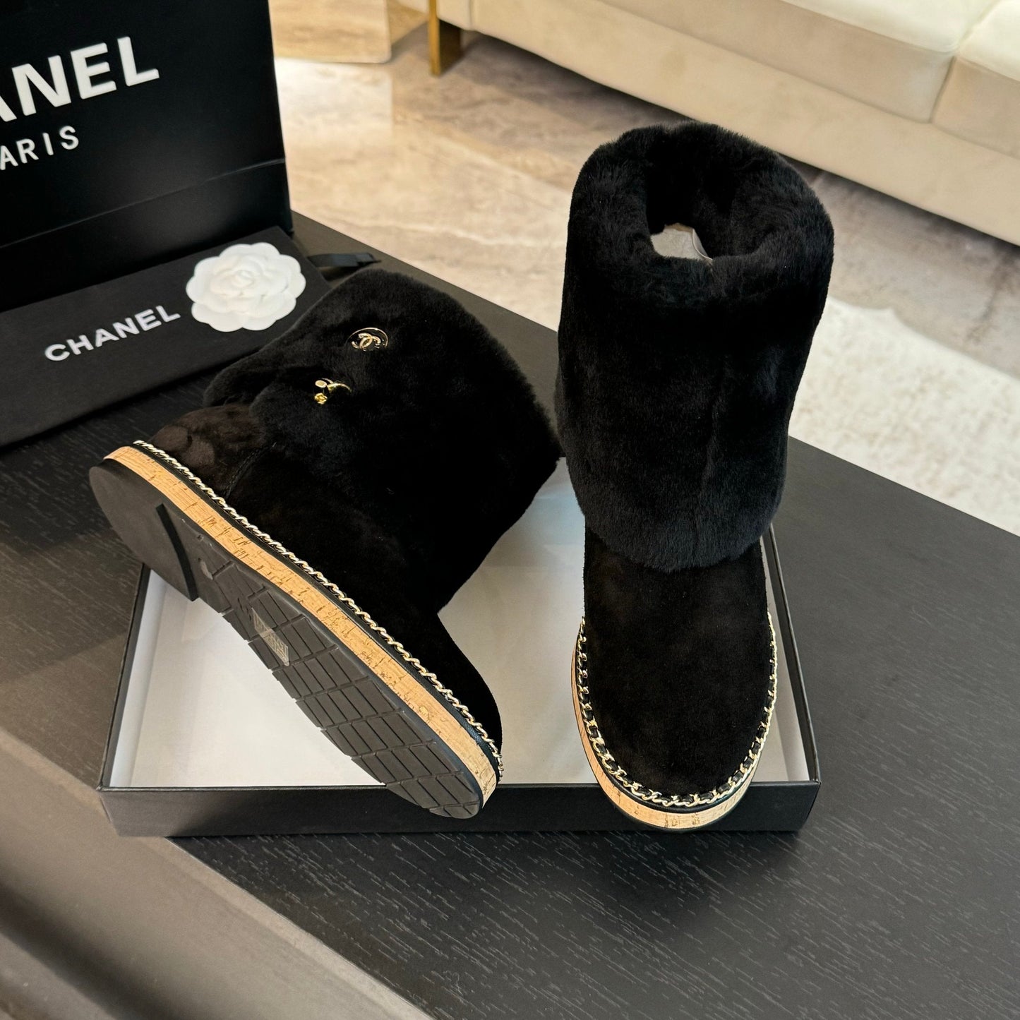 CC Flat Ankle Boots Black Suede And Fleece