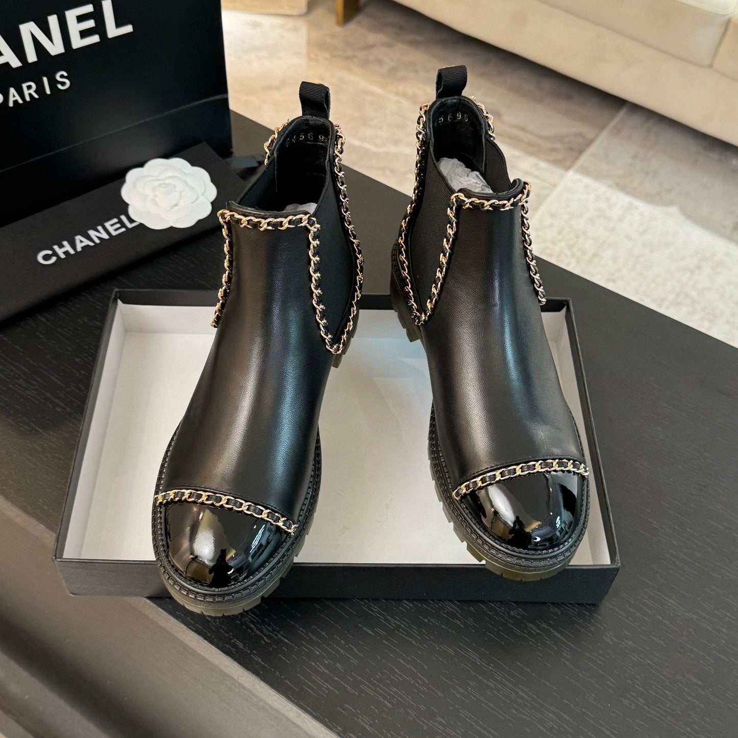 CC Flat Ankle Boots Black Chain Cowhide