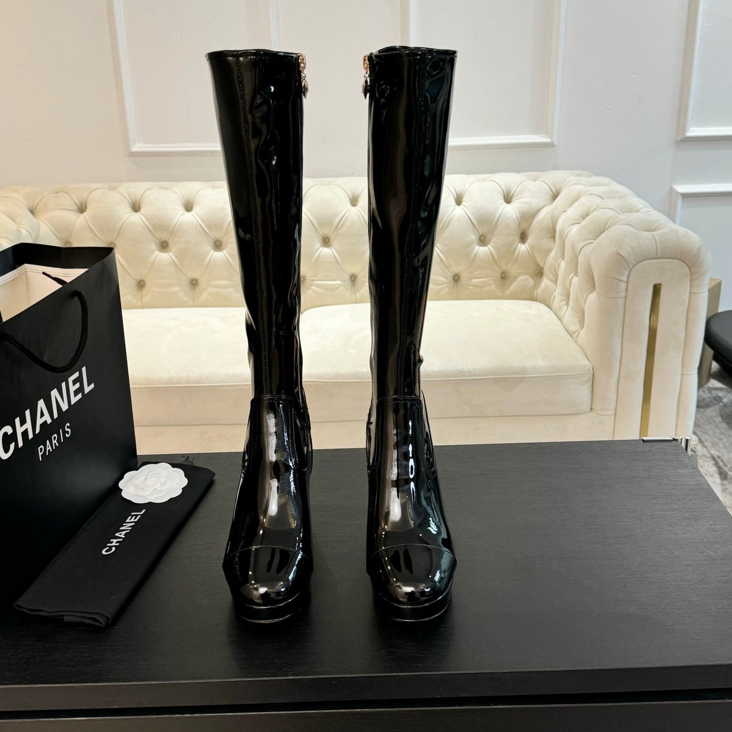 CC High Boots 80mm Glossy Black Cowhide