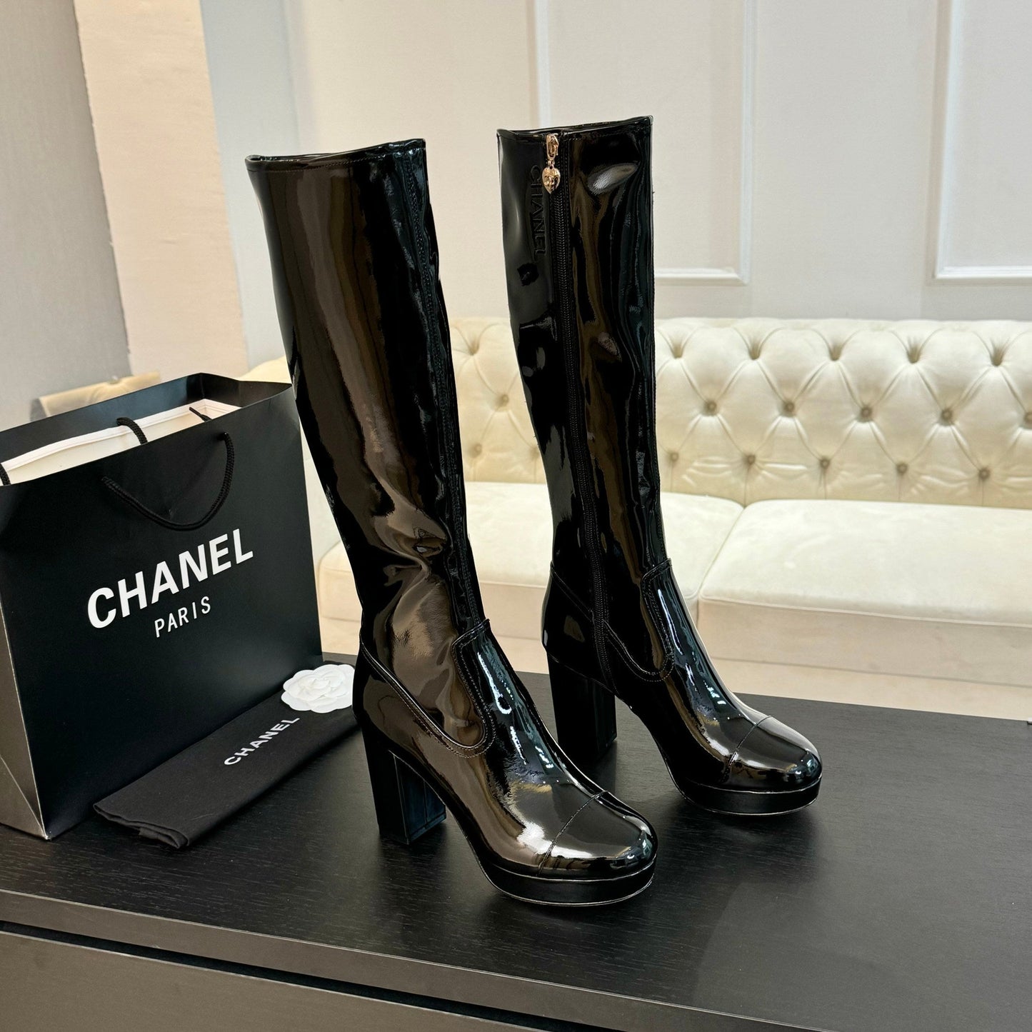 CC High Boots 80mm Glossy Black Cowhide