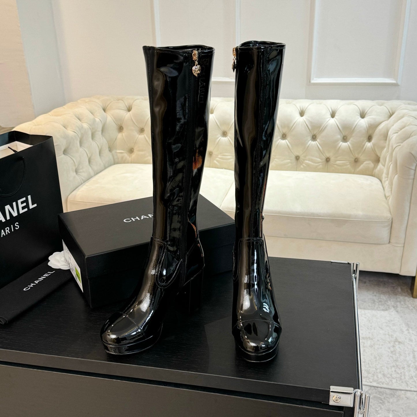 CC High Boots 80mm Glossy Black Cowhide