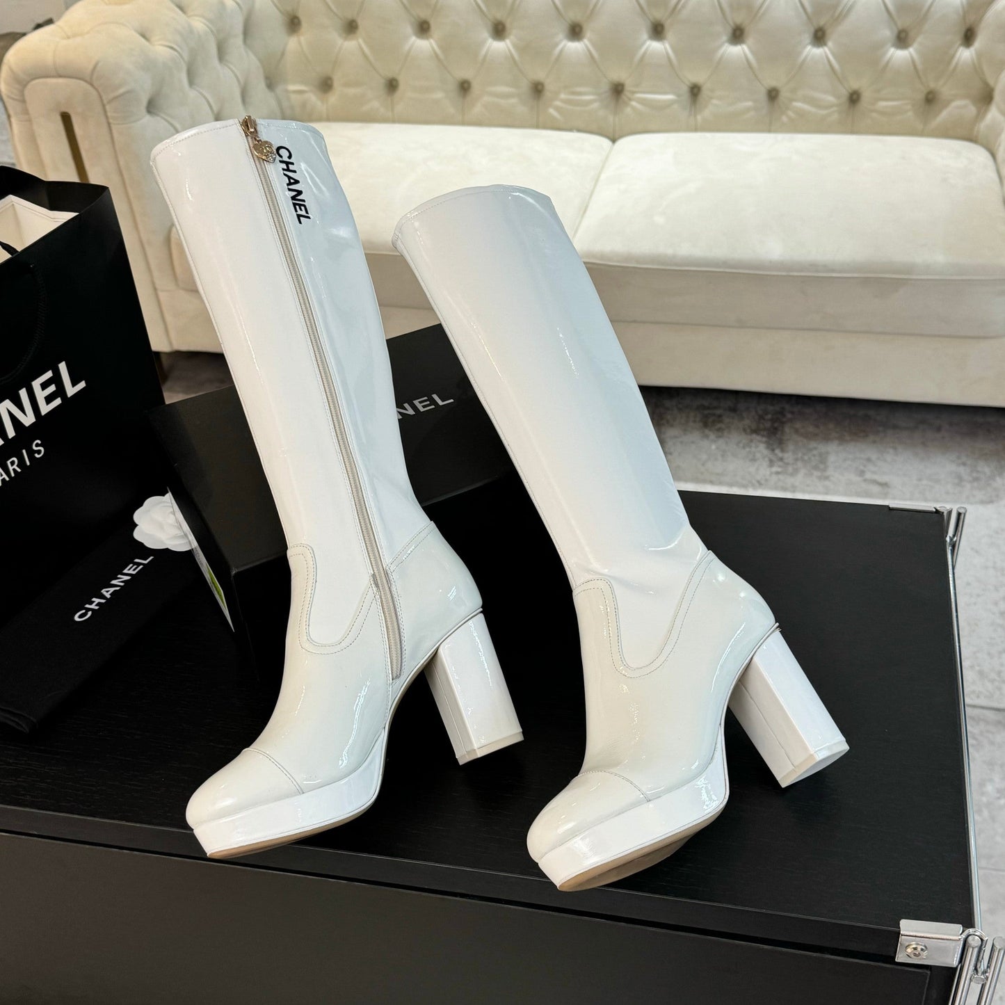 CC High Boots 80mm Glossy White Cowhide