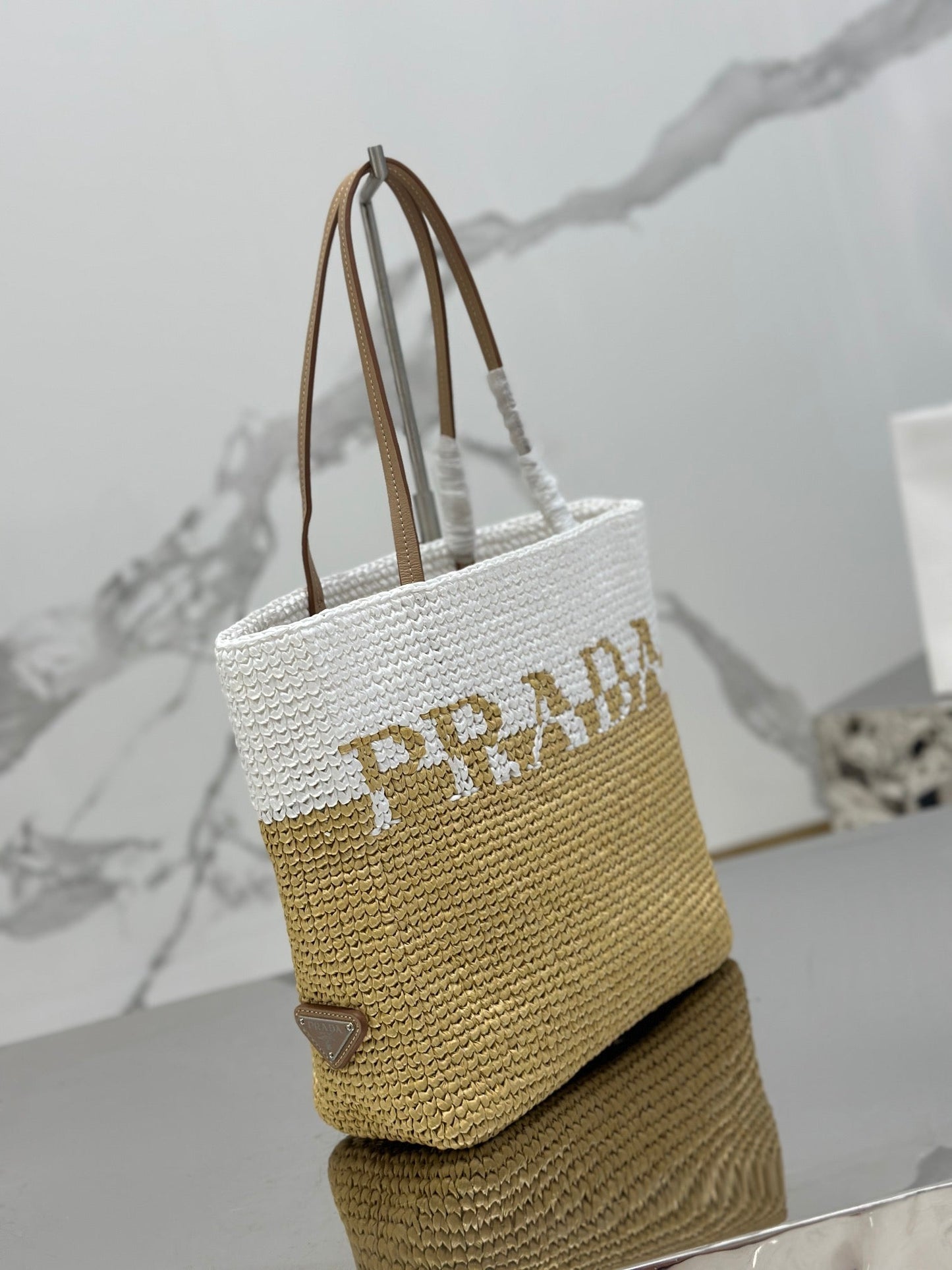 SMALL TOTE BAG 27 IN WHITE MIX BEIGE RAFFIA AND BROWN CALFSKIN HANDLE