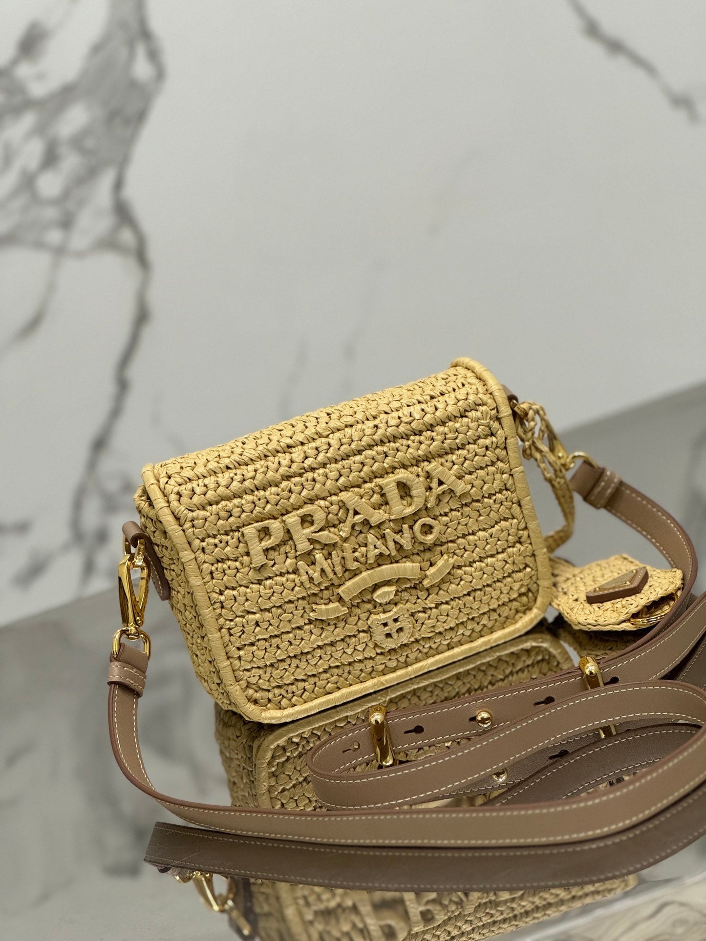 WOVEN SMALL FLAP BAG 16 IN BEIGE RAFFIA GOLD HARDWARE