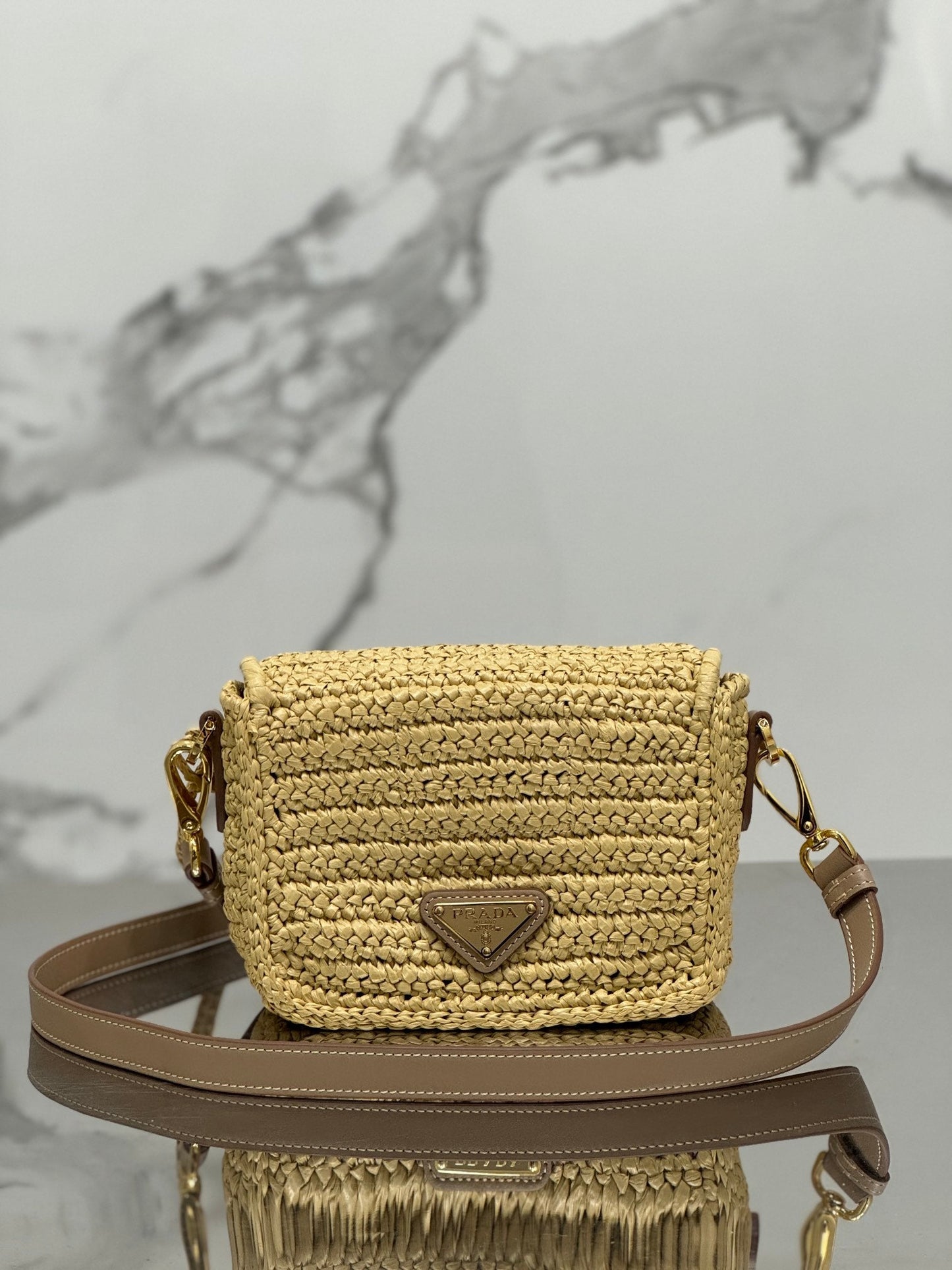 WOVEN SMALL FLAP BAG 16 IN BEIGE RAFFIA GOLD HARDWARE