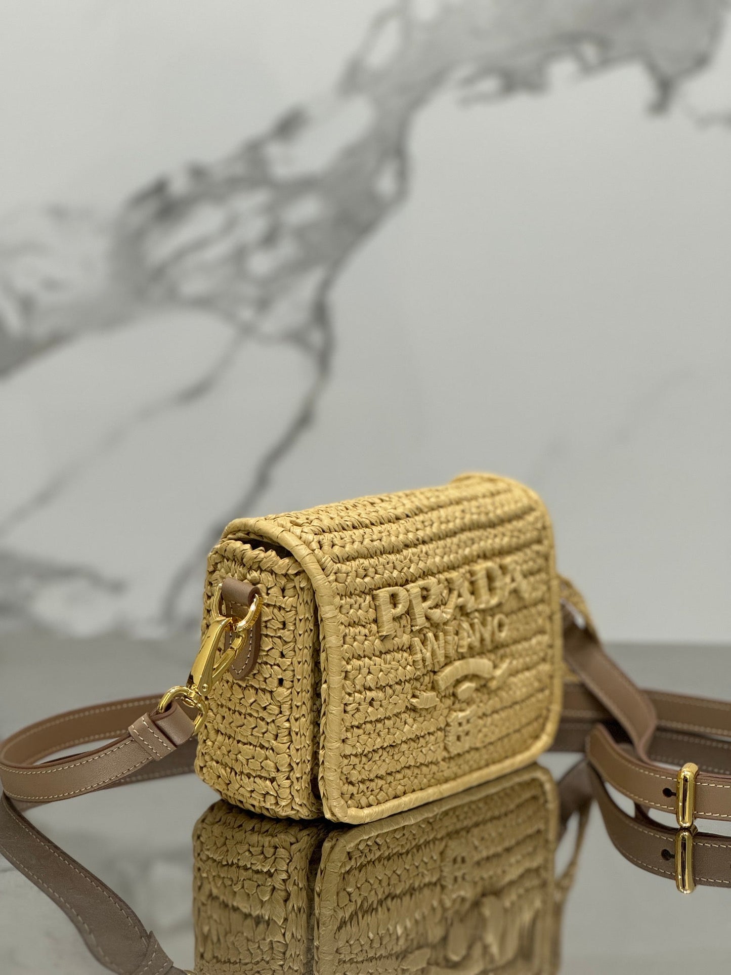 WOVEN SMALL FLAP BAG 16 IN BEIGE RAFFIA GOLD HARDWARE