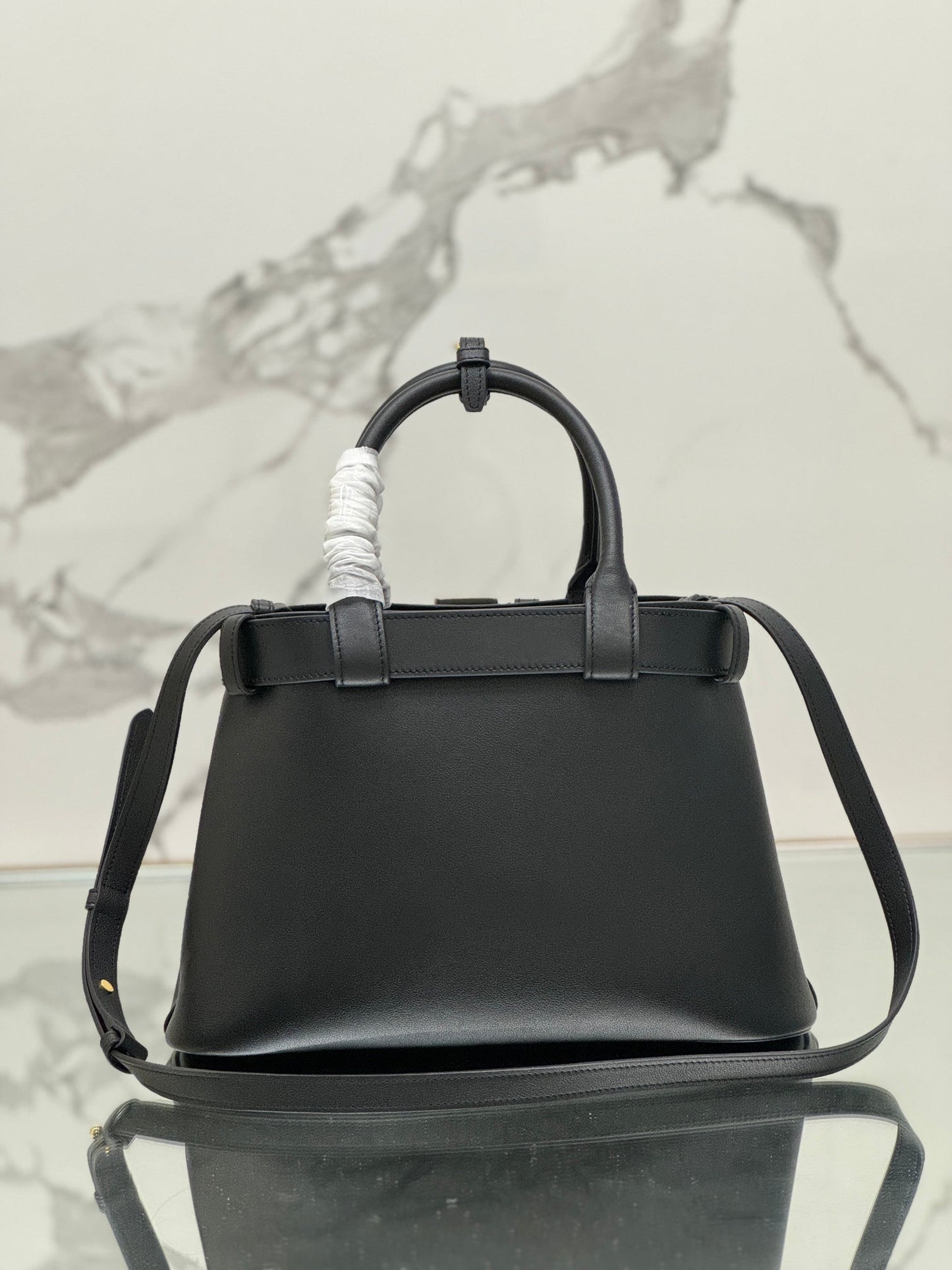 TOTE BAG WITH BELT 32 IN BLACK IMPORTED CALFSKIN