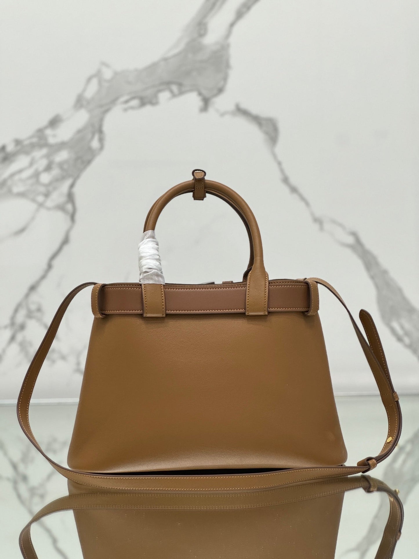 TOTE BAG WITH BELT 32 IN CIDER BROWN IMPORTED CALFSKIN