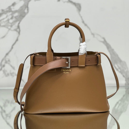 TOTE BAG WITH BELT 32 IN CIDER BROWN IMPORTED CALFSKIN