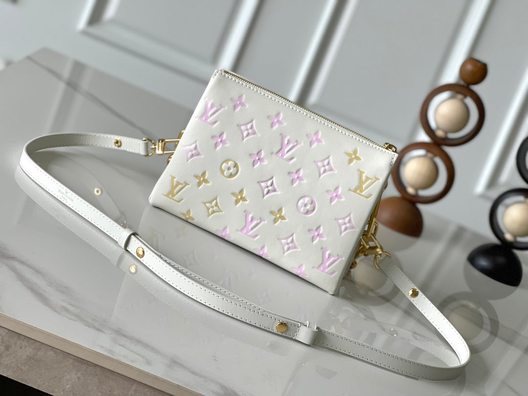 COUSSIN BB 21 IN WHITE MONOGRAM EMBOSSED LAMBSKIN GOLD HARDWARE