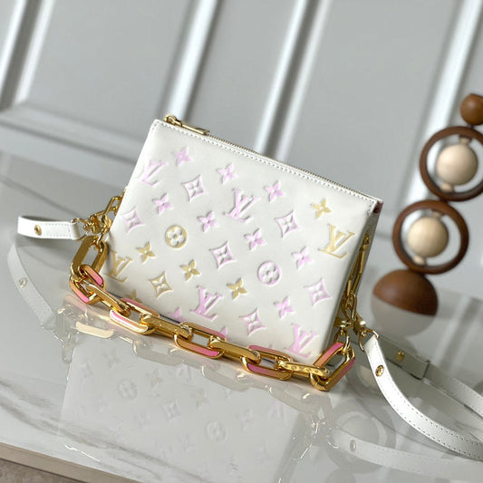 COUSSIN BB 21 IN WHITE MONOGRAM EMBOSSED LAMBSKIN GOLD HARDWARE