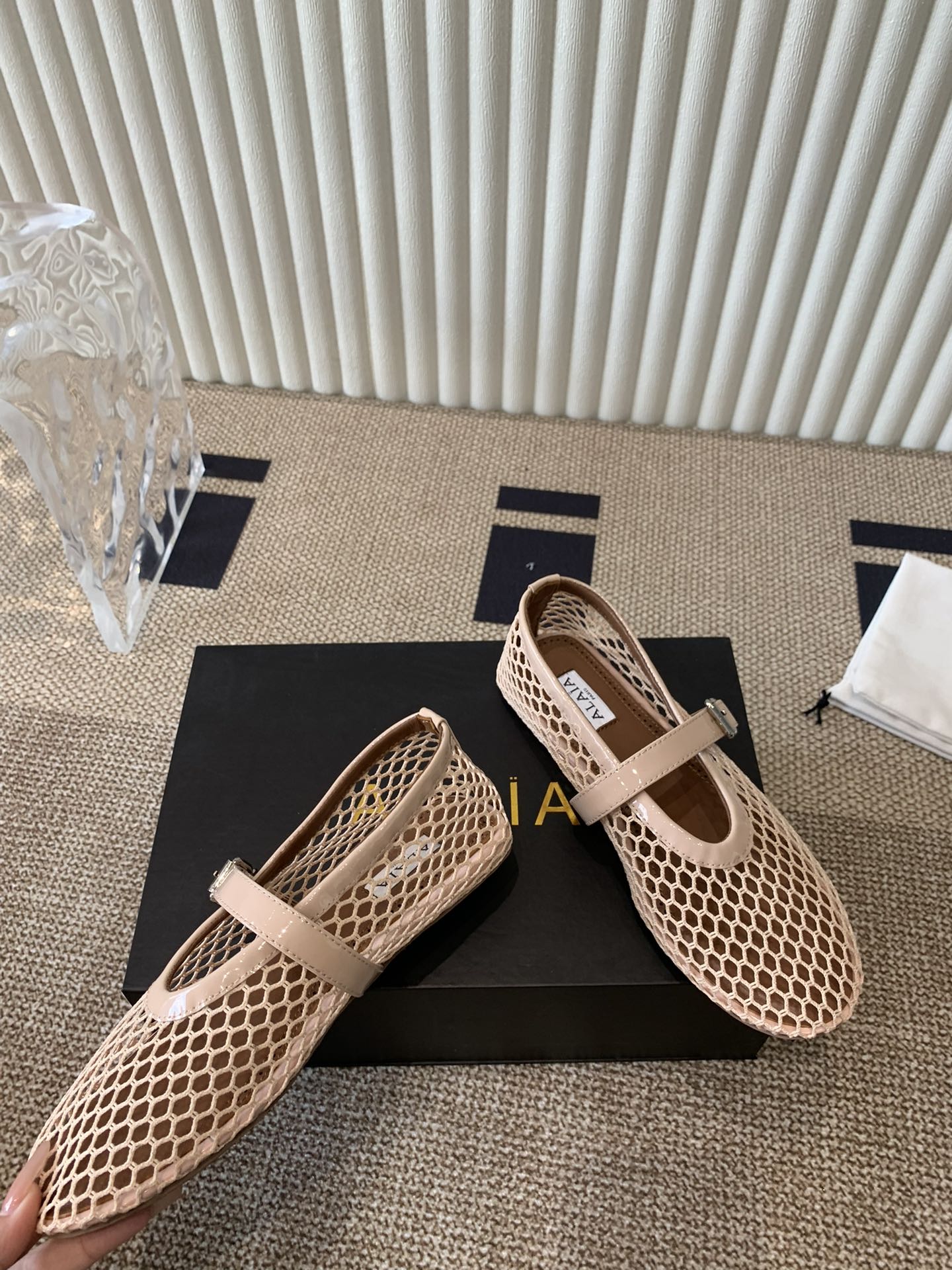 ballet flat in fishnet beige lambskin