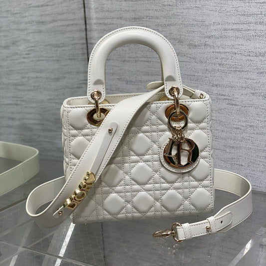 CD Lady Bag 20cm White Lambskin Light Gold Hardware