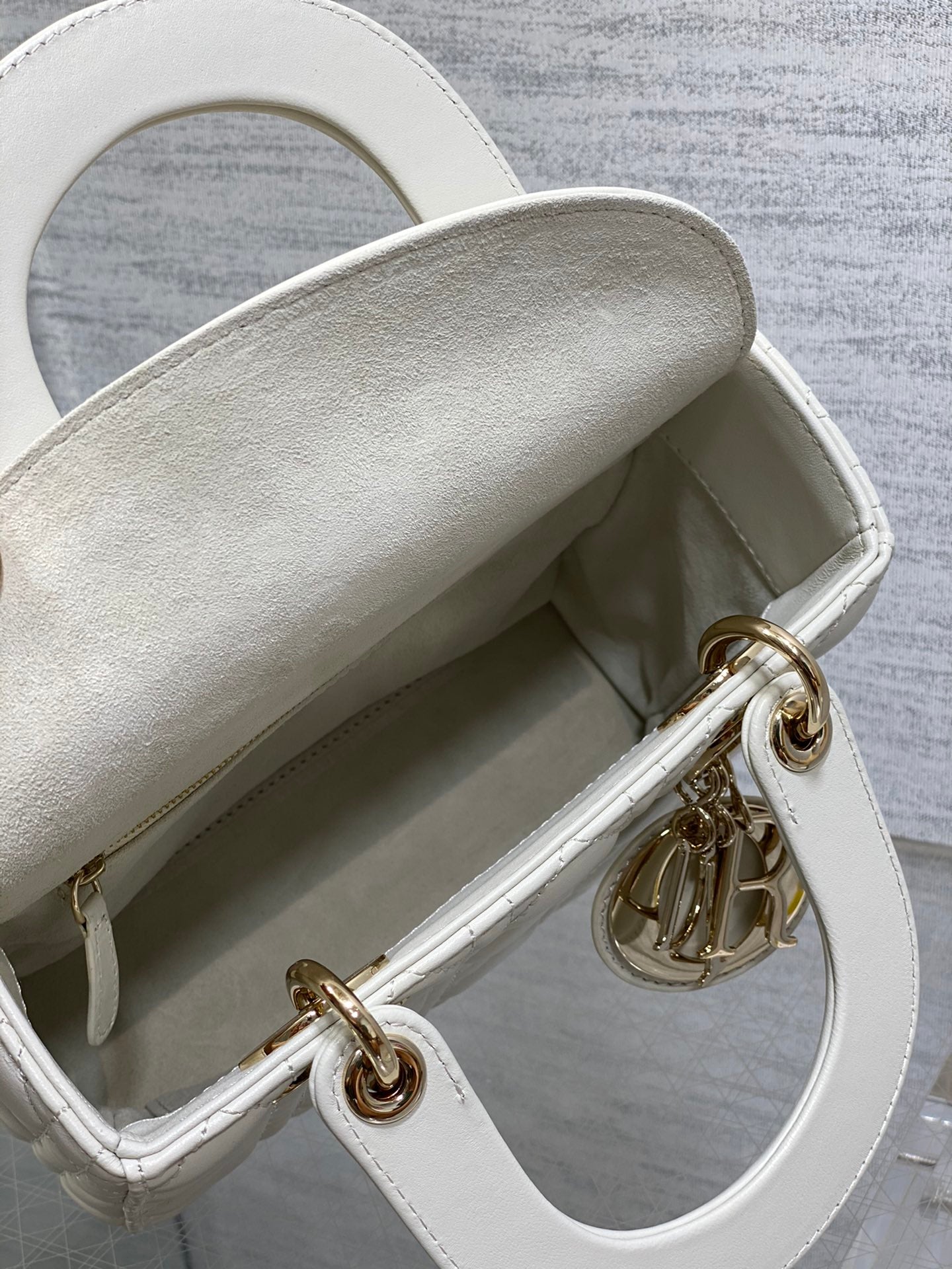 CD Lady Bag 20cm White Lambskin Light Gold Hardware