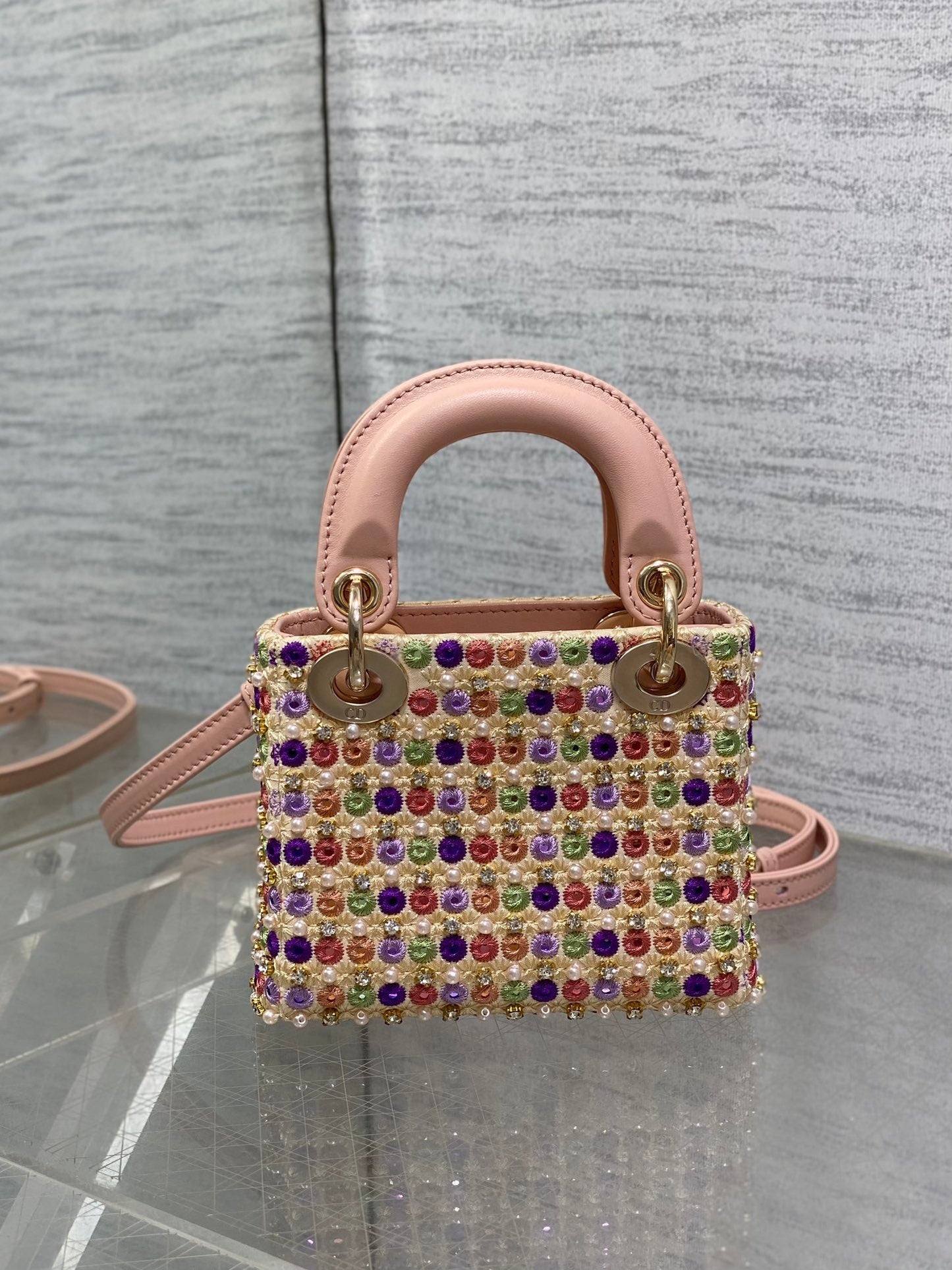 Lady Micro Bag 10cm Pink Lambskin Gold Fabric