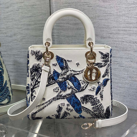 Lady Bag 20cm White Calfskin Blue Black Embroidery