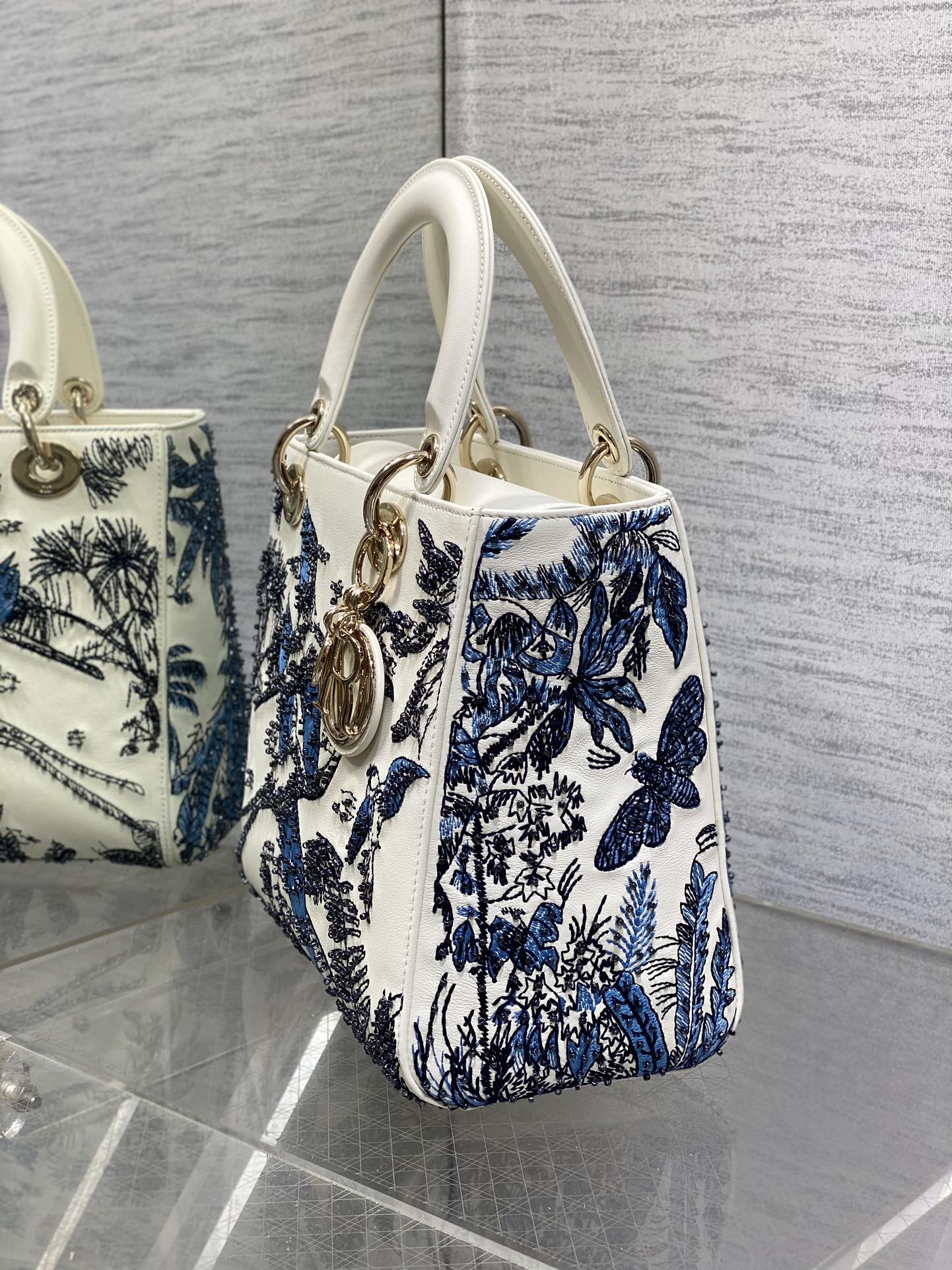 Lady Bag 20cm White Calfskin Blue Black Embroidery