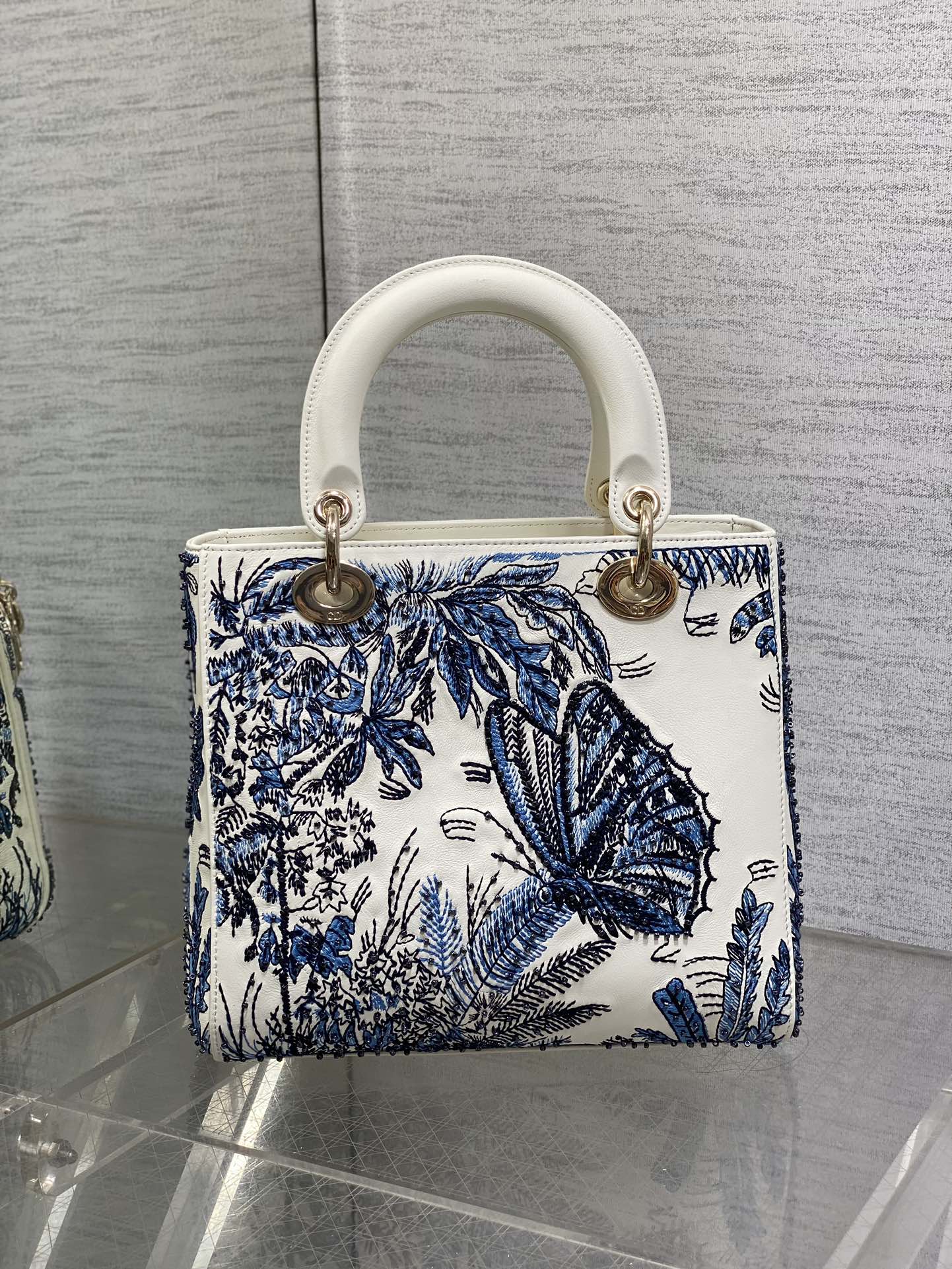 Lady Bag 20cm White Calfskin Blue Black Embroidery