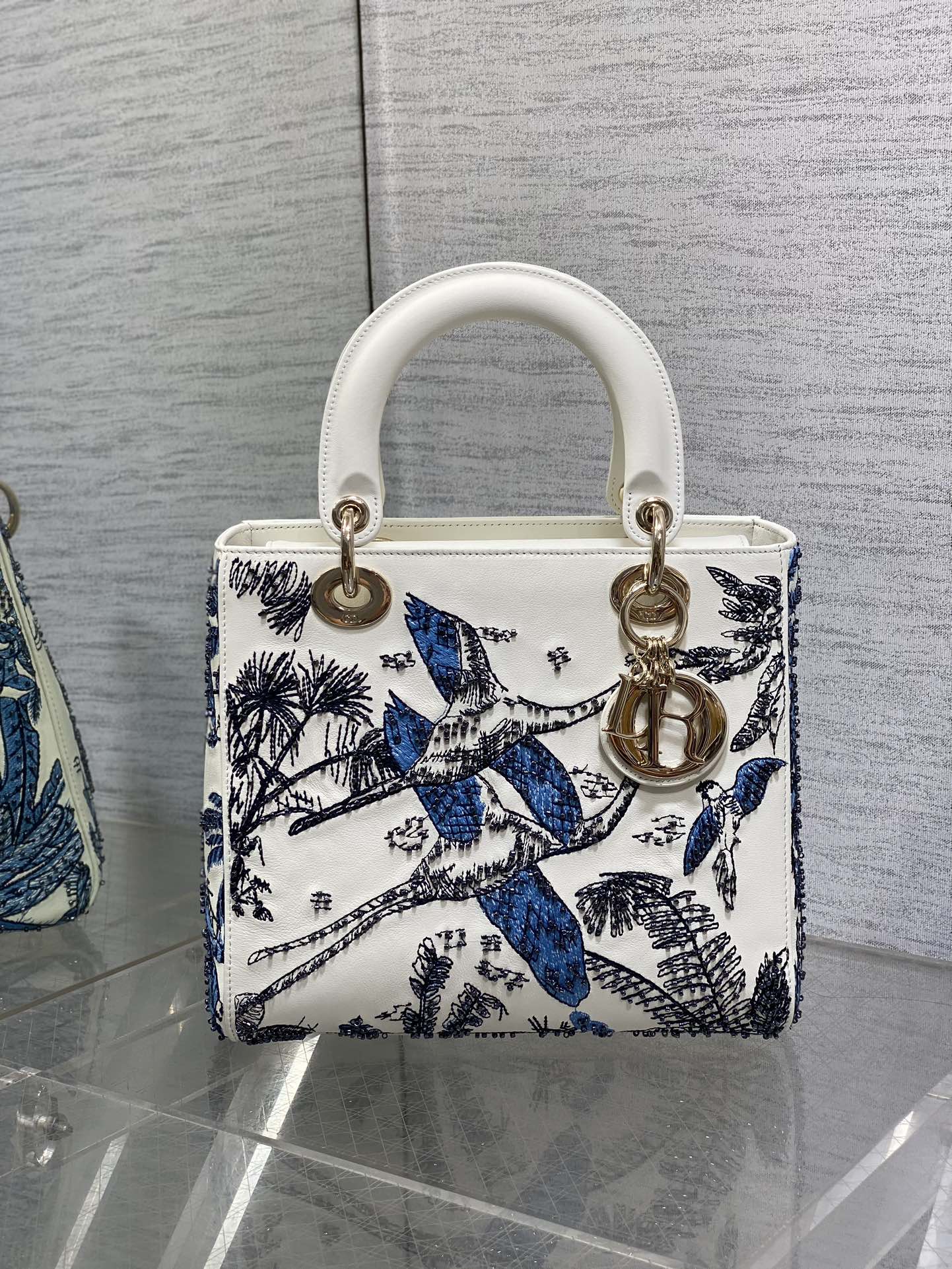 Lady Bag 20cm White Calfskin Blue Black Embroidery