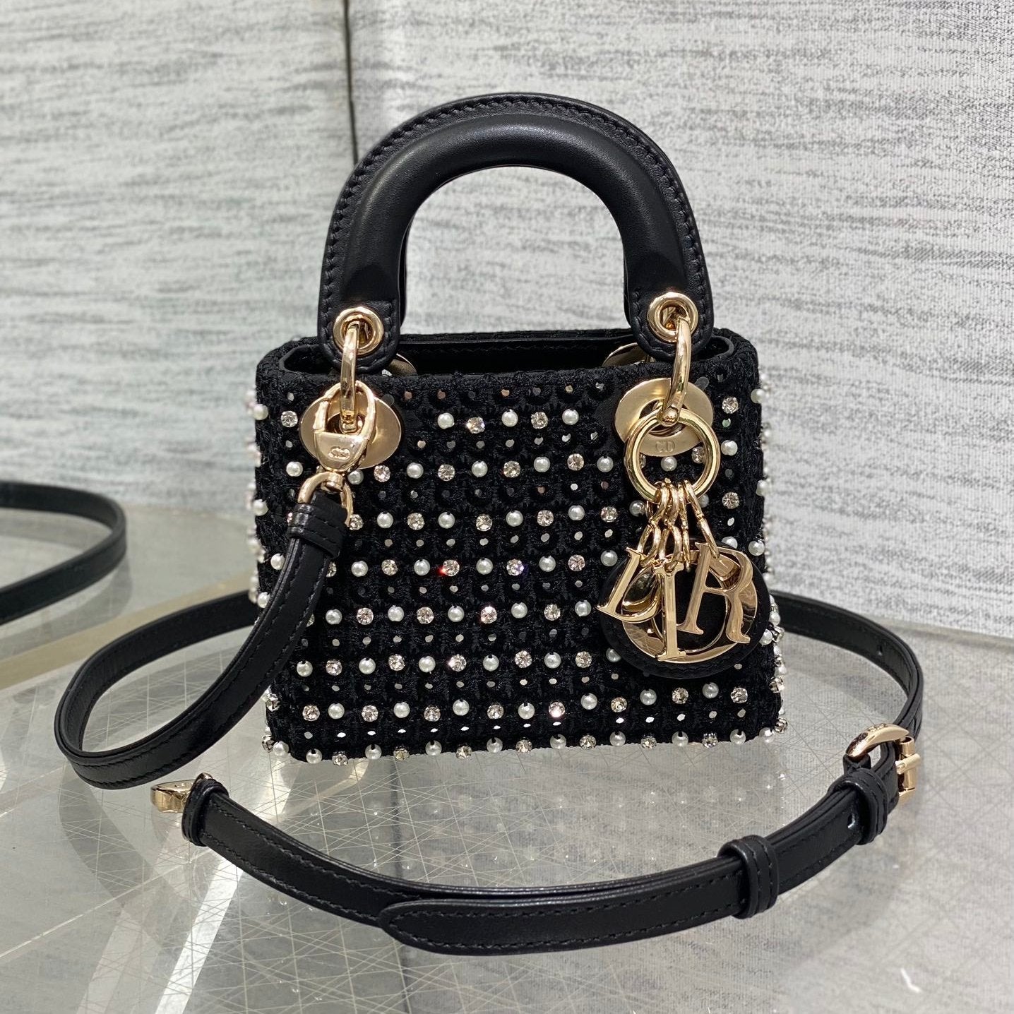 Lady Micro Bag 10cm Black Fabric Embelished With Crystal/ Pearl