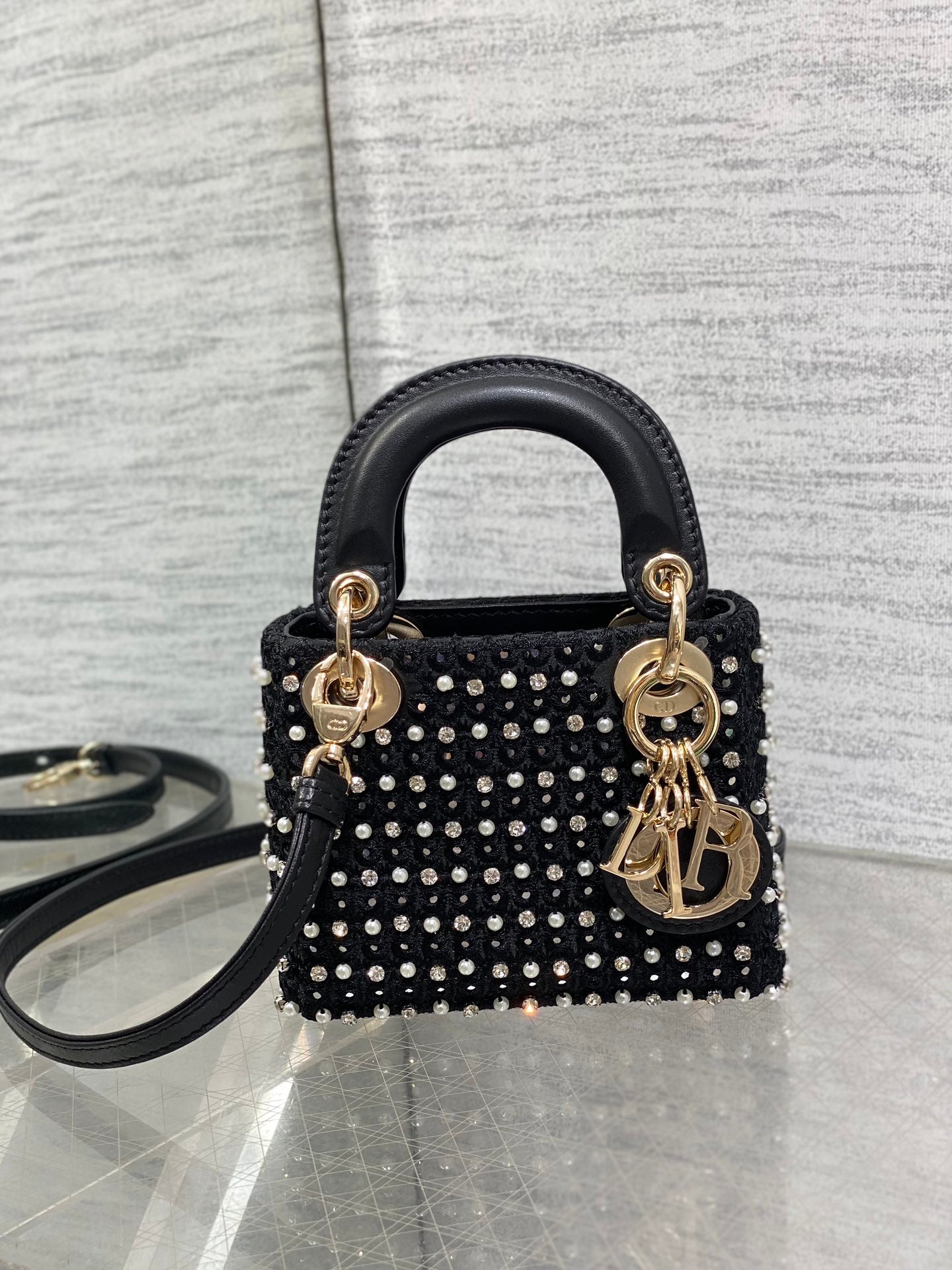 Lady Micro Bag 10cm Black Fabric Embelished With Crystal/ Pearl