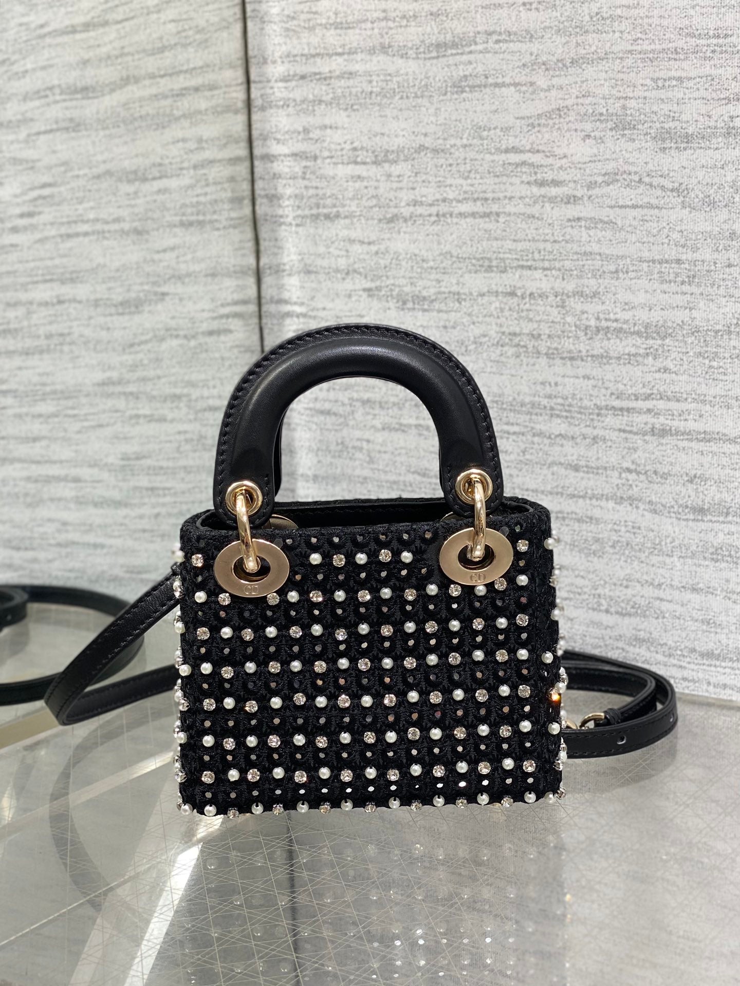 Lady Micro Bag 10cm Black Fabric Embelished With Crystal/ Pearl