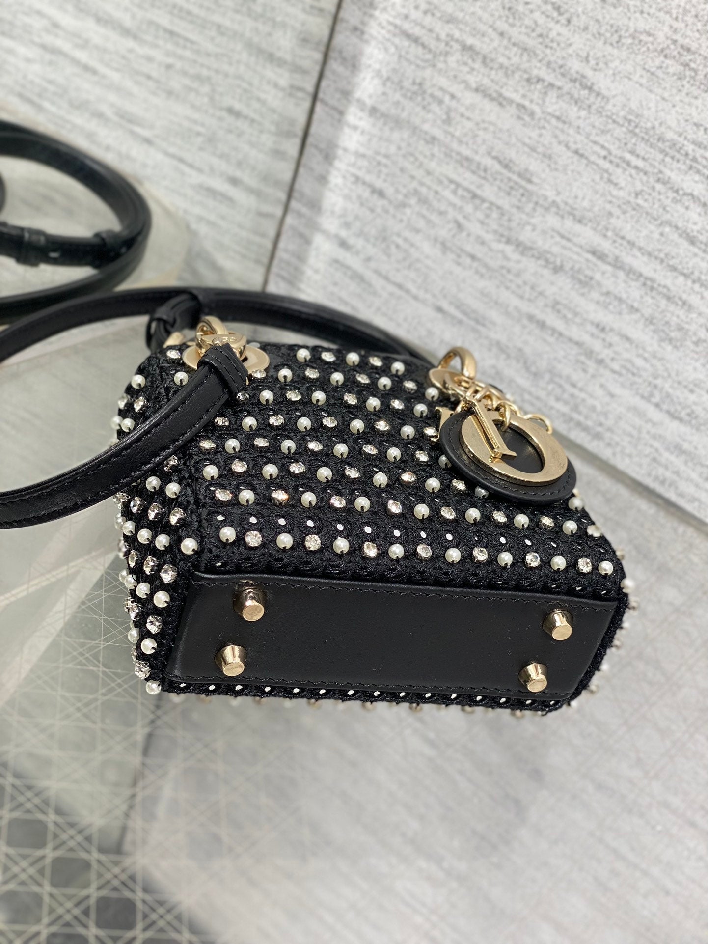 Lady Micro Bag 10cm Black Fabric Embelished With Crystal/ Pearl