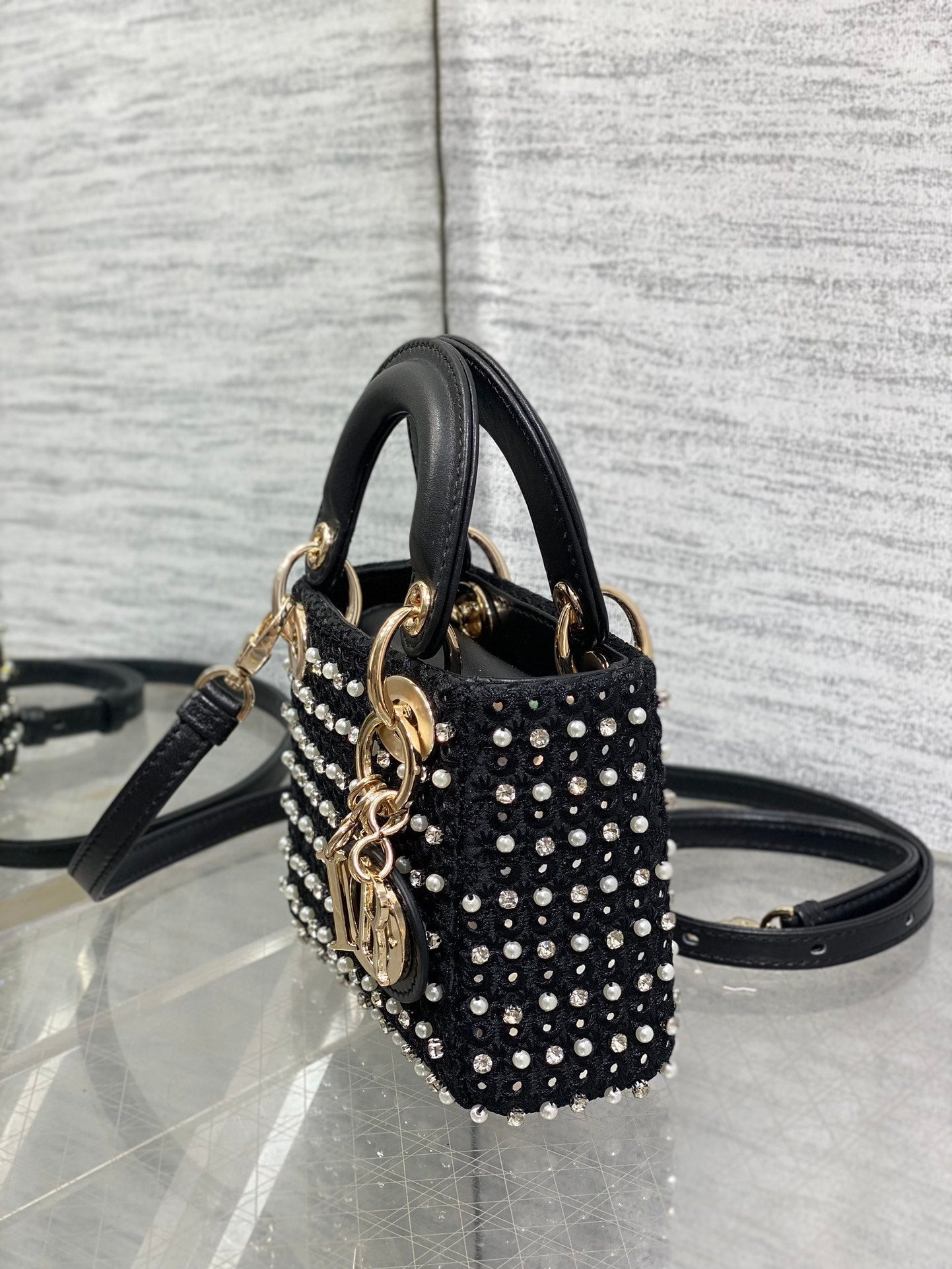 Lady Micro Bag 10cm Black Fabric Embelished With Crystal/ Pearl